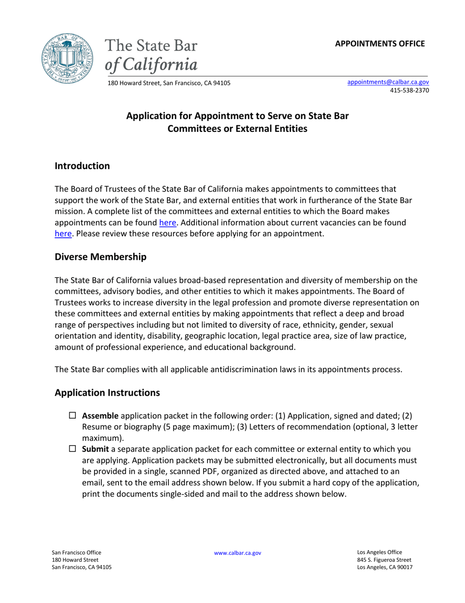 California Application for Appointment to Serve on State Bar Committees