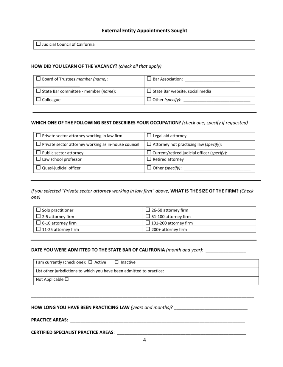 Application for Appointment to Serve on State Bar Committees or External Entities - California, Page 4