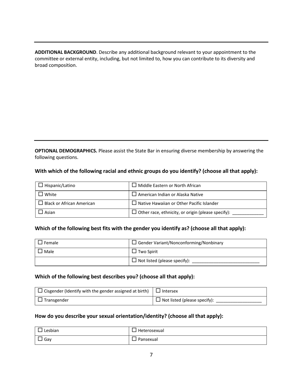 Application for Appointment to Serve on State Bar Committees or External Entities - California, Page 7