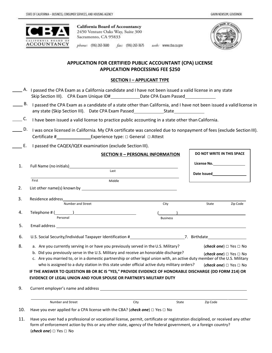 California Application for Certified Public Accountant (CPA) License