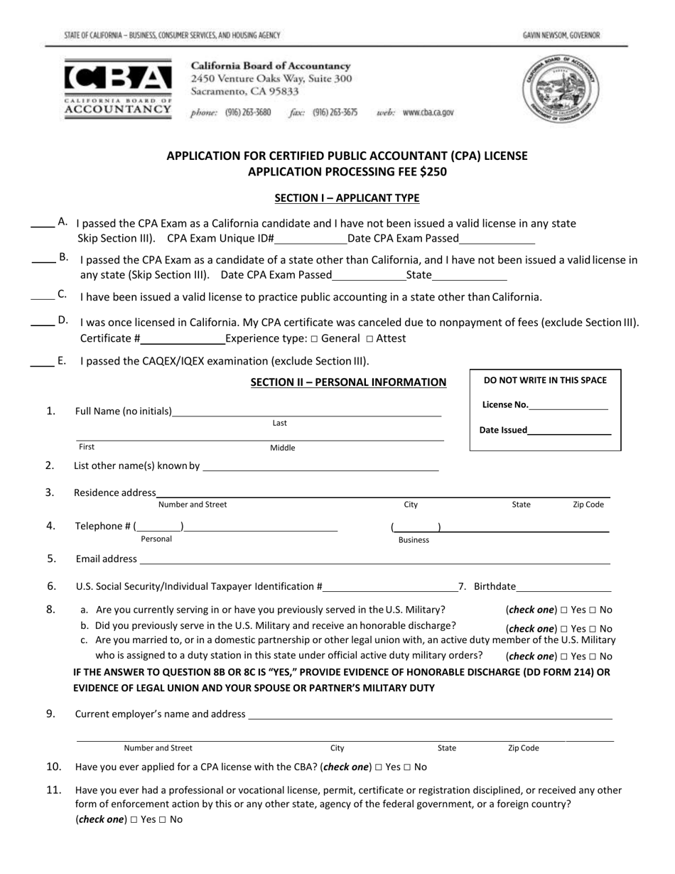 Application for Certified Public Accountant (CPA) License - California, Page 1