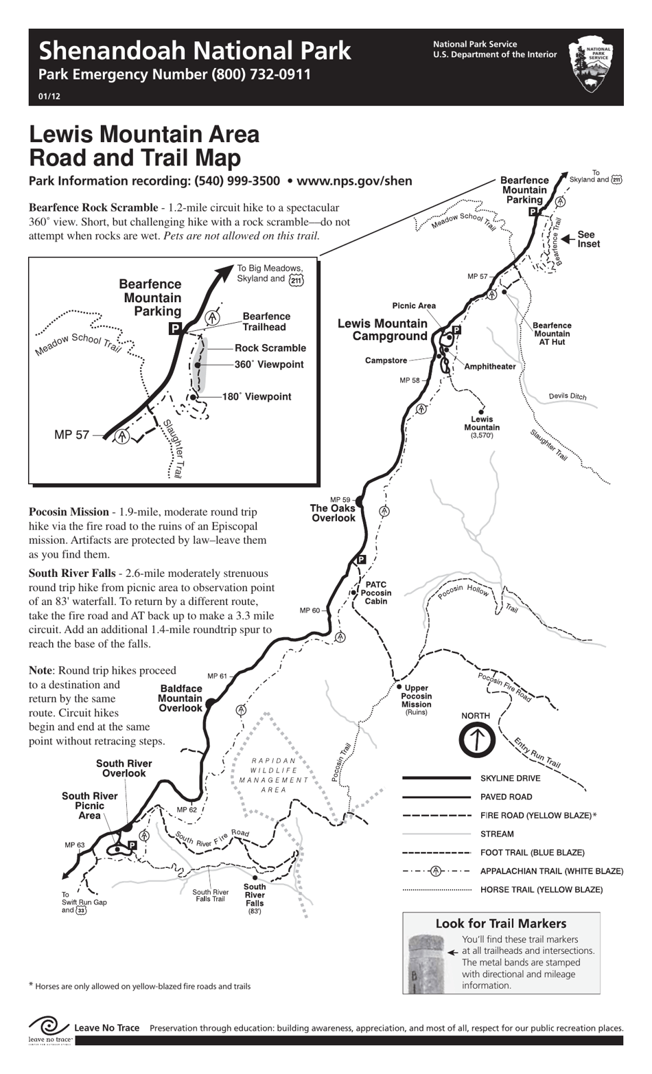 Lewis Mountain Area Road and Trail Map - Shenandoah National Park ...