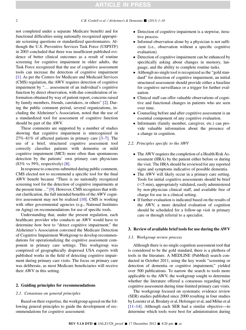 Alzheimers Association Recommendations for Operationalizing the Detection of Cognitive Impairment During the Medicare Annual Wellness Visit in a Primary Care Setting, Page 2