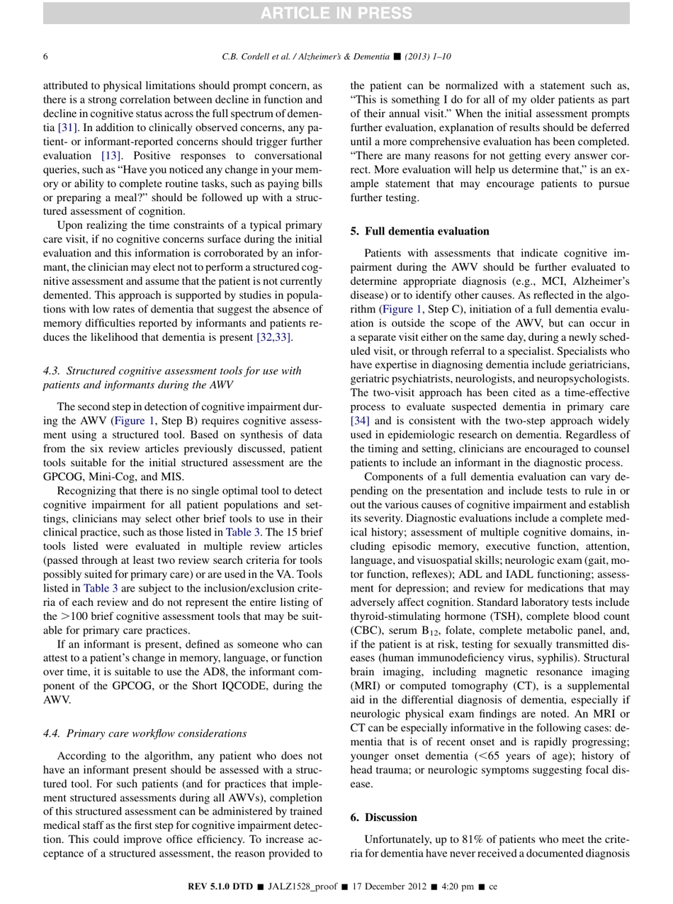 Alzheimers Association Recommendations for Operationalizing the Detection of Cognitive Impairment During the Medicare Annual Wellness Visit in a Primary Care Setting, Page 6