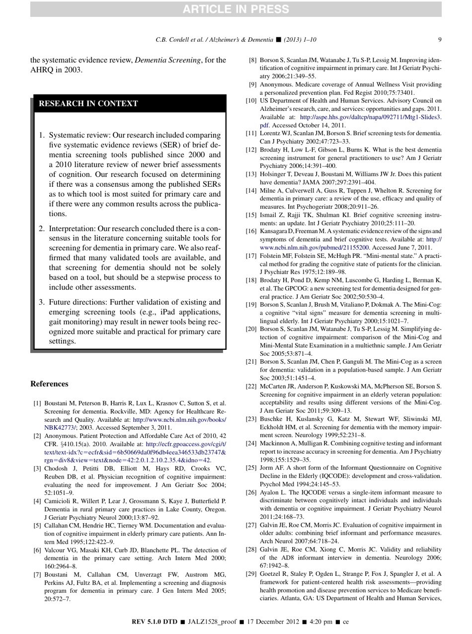 Alzheimers Association Recommendations for Operationalizing the Detection of Cognitive Impairment During the Medicare Annual Wellness Visit in a Primary Care Setting, Page 9