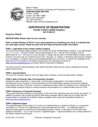 Form 08-497 Certificate of Registration - Foreign Limited Liability Company - Alaska