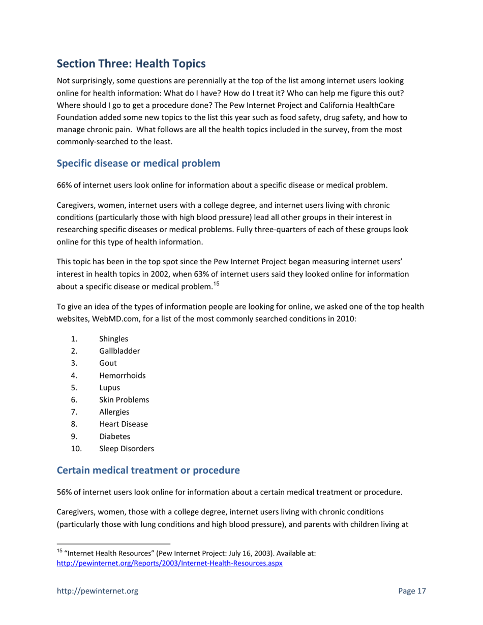 Health Topics: 80% of Internet Users Look for Health Information Online - Susannah Fox, Pew Research Center, Page 17