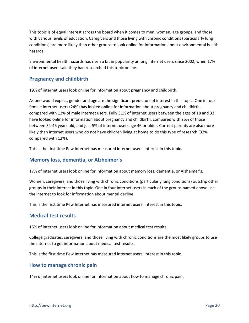 Health Topics: 80% of Internet Users Look for Health Information Online - Susannah Fox, Pew Research Center, Page 20