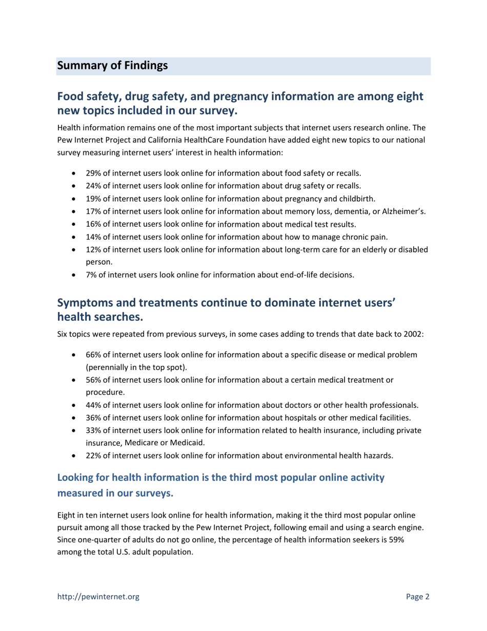 Health Topics: 80% of Internet Users Look for Health Information Online - Susannah Fox, Pew Research Center, Page 2