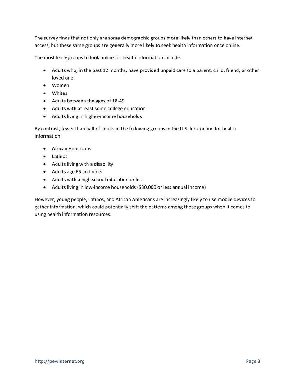 Health Topics: 80% of Internet Users Look for Health Information Online - Susannah Fox, Pew Research Center, Page 3