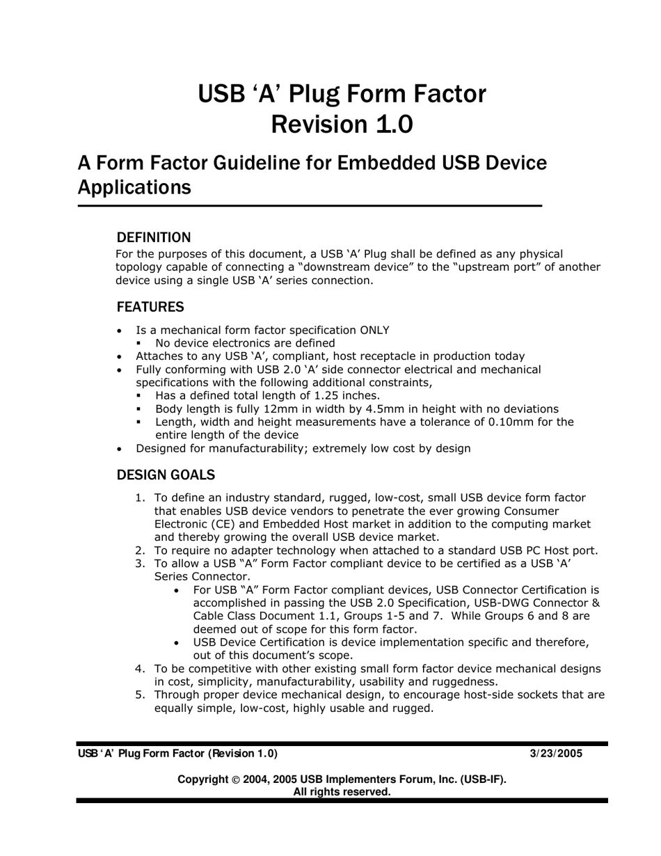 Usb a Plug Form Factor: a Form Factor Guideline for Embedded Usb Device Applications, Page 1