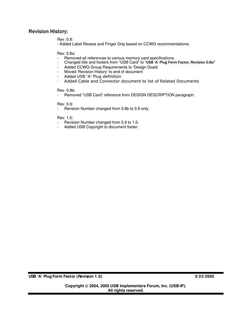 Usb a Plug Form Factor: a Form Factor Guideline for Embedded Usb Device Applications, Page 5