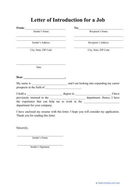 Letter of Introduction for a Job Template Download Printable PDF