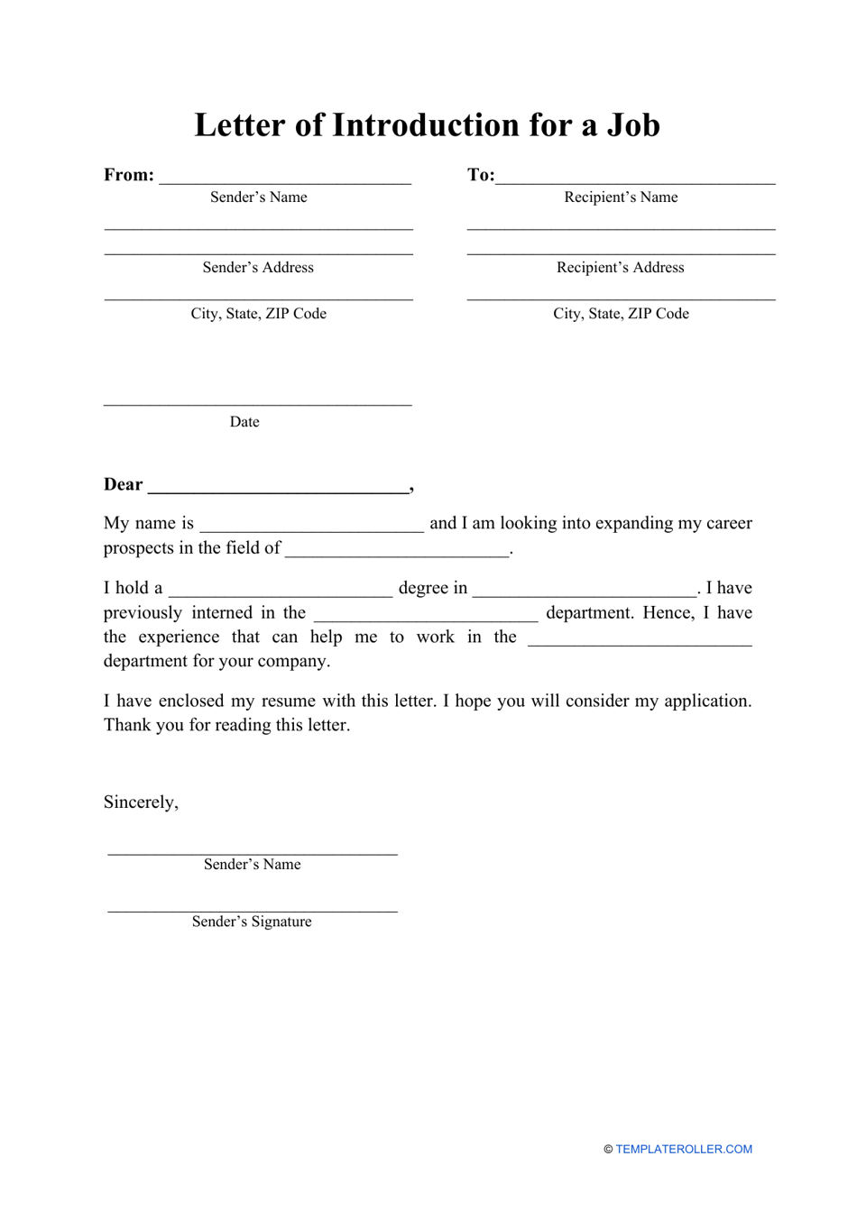 Letter of Introduction for a Job Template Download Printable PDF