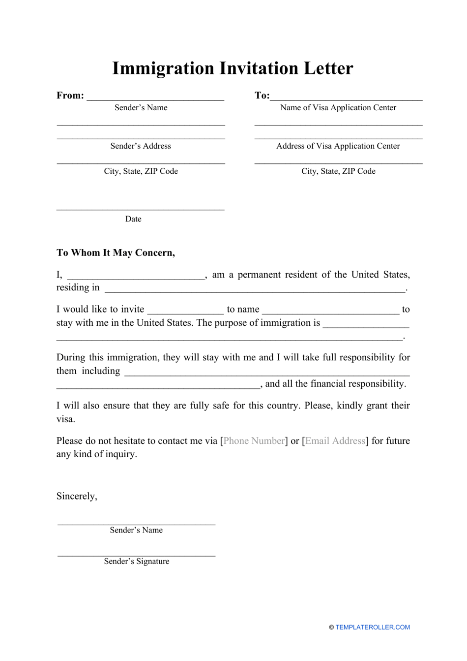 A immigration invitation letter template designed to facilitate the process of inviting someone to visit your country for immigration purposes.