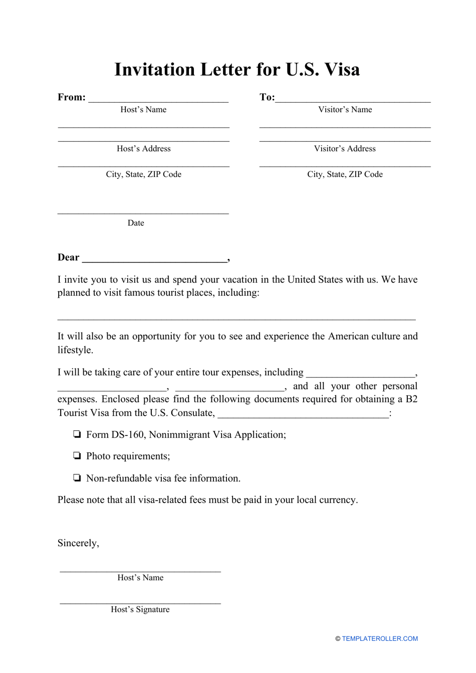 Invitation Letter for U.S. Visa Template, Page 1