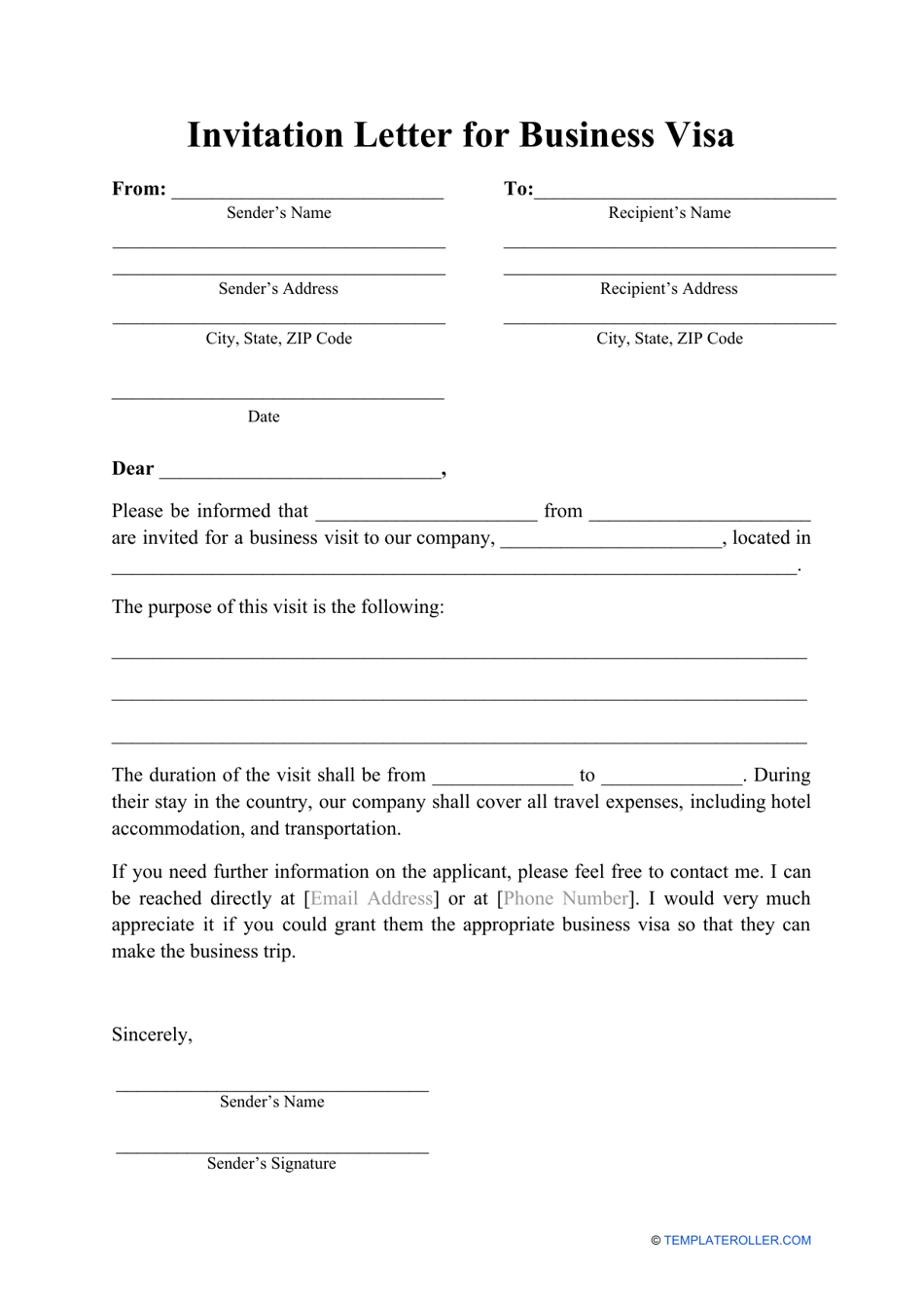 Invitation Letter for Business Visa Template, Page 1