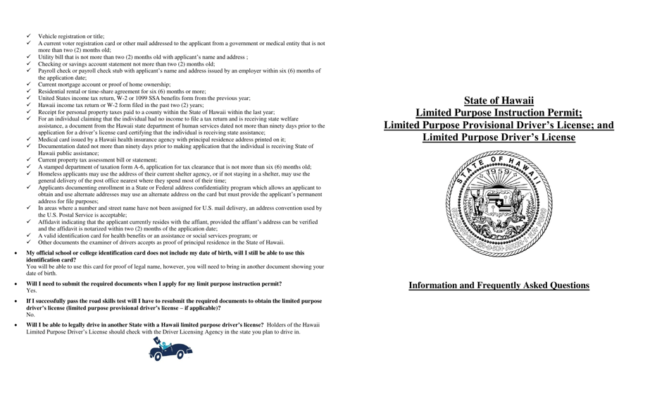 Limited Purpose Instruction Permit, Limited Purpose Provisional Drivers License and Limited Purpose Drivers License - Hawaii, Page 2
