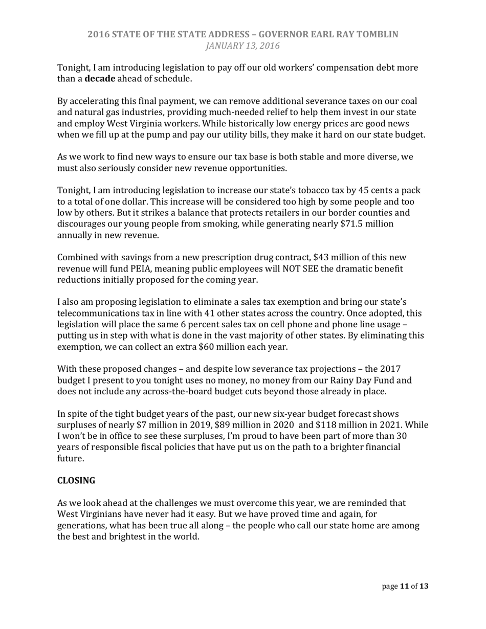 State of the State Address - Governor Earl Ray Tomblin - West Virginia, Page 11