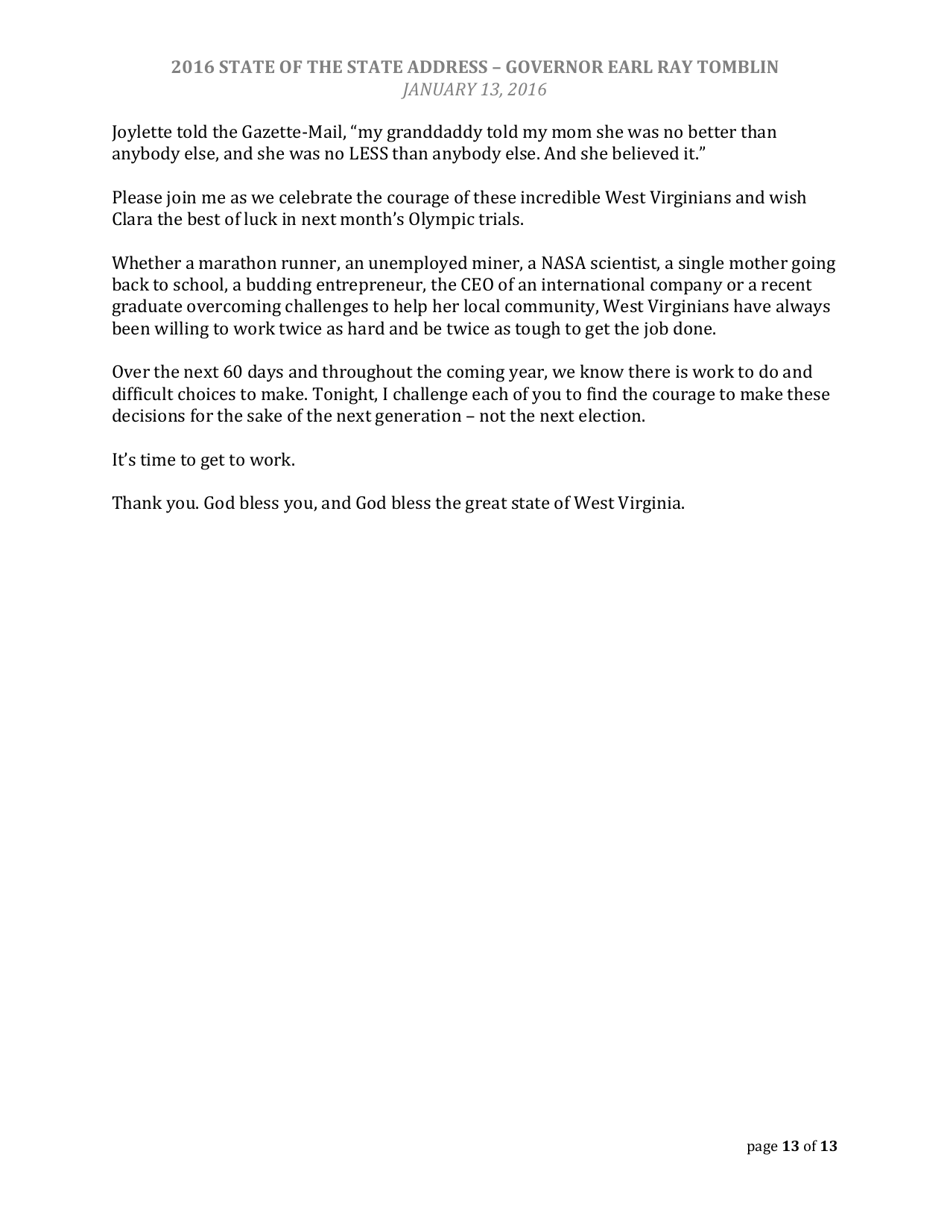 State of the State Address - Governor Earl Ray Tomblin - West Virginia, Page 13
