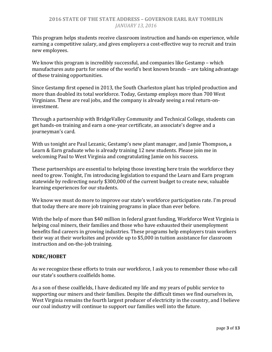 State of the State Address - Governor Earl Ray Tomblin - West Virginia, Page 3