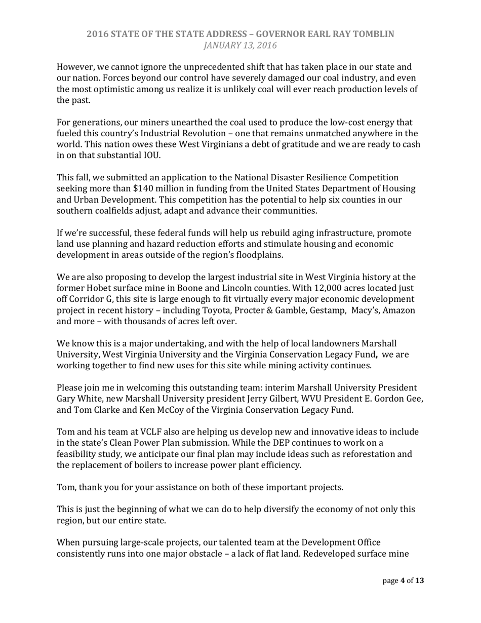 State of the State Address - Governor Earl Ray Tomblin - West Virginia, Page 4