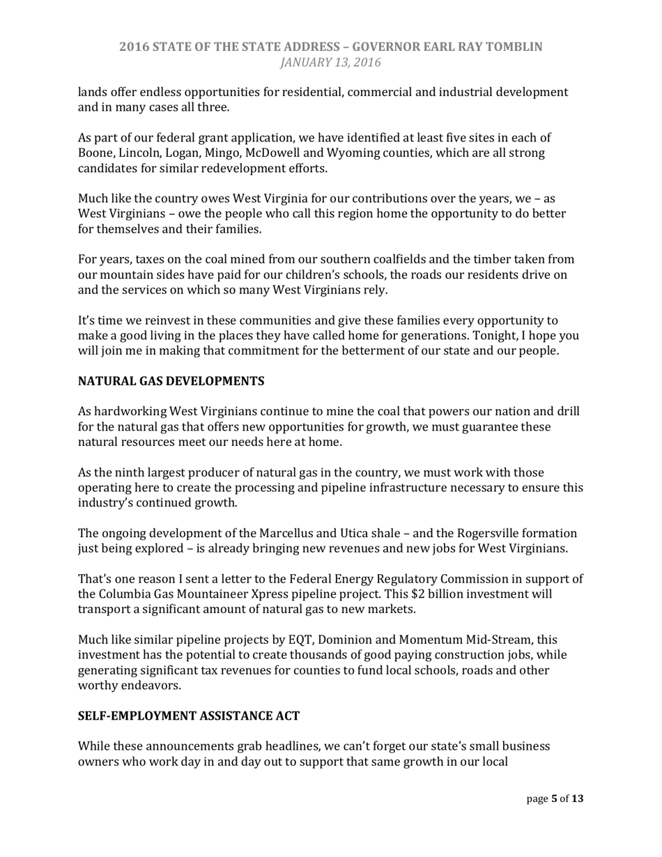 State of the State Address - Governor Earl Ray Tomblin - West Virginia, Page 5