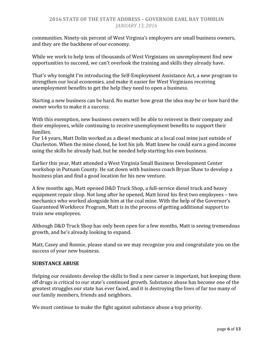 State of the State Address - Governor Earl Ray Tomblin - West Virginia, Page 6