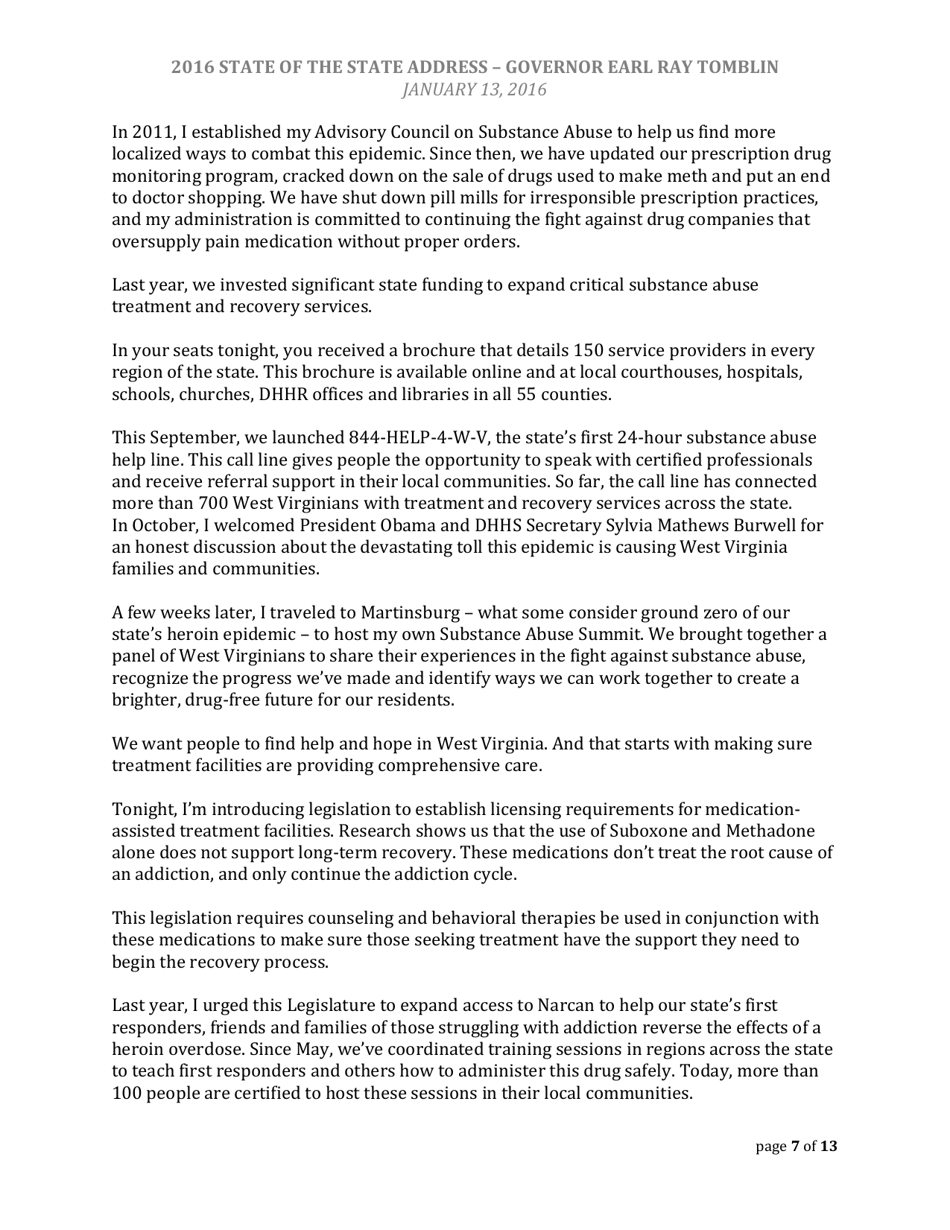 State of the State Address - Governor Earl Ray Tomblin - West Virginia, Page 7