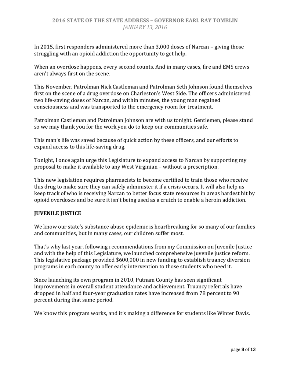 State of the State Address - Governor Earl Ray Tomblin - West Virginia, Page 8