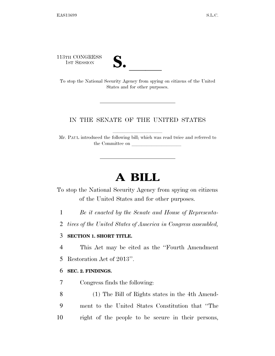 Fourth Amendment Restoration Act of 2013 - Rand Paul, Page 1