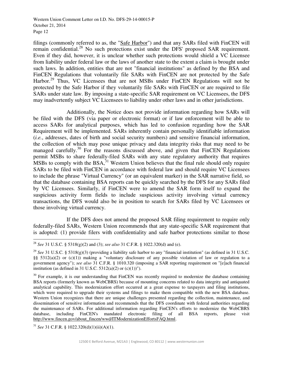 Notice of Proposed Rulemaking for the Regulation of the Conduct of Virtual Currency Businesses I.d. No. Dfs-29-14-00015-p - Western Union, Page 12