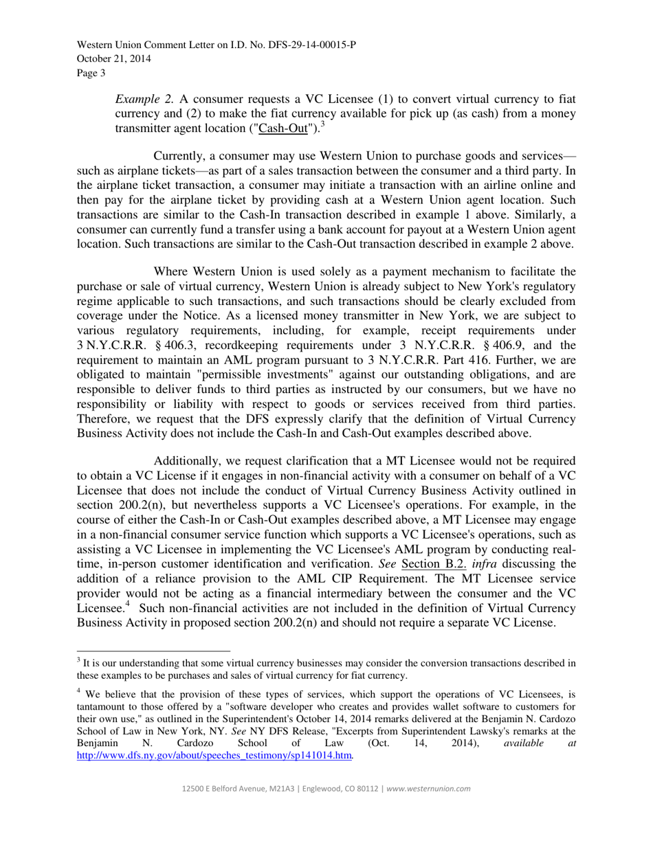 Notice of Proposed Rulemaking for the Regulation of the Conduct of Virtual Currency Businesses I.d. No. Dfs-29-14-00015-p - Western Union, Page 3