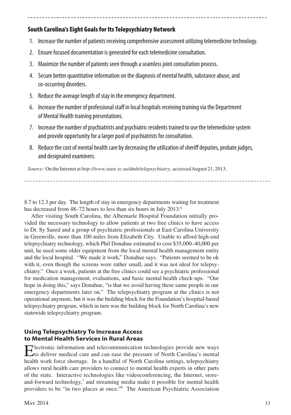 Telepsychiatry in North Carolina: Mental Health Care Comes to You, Page 13
