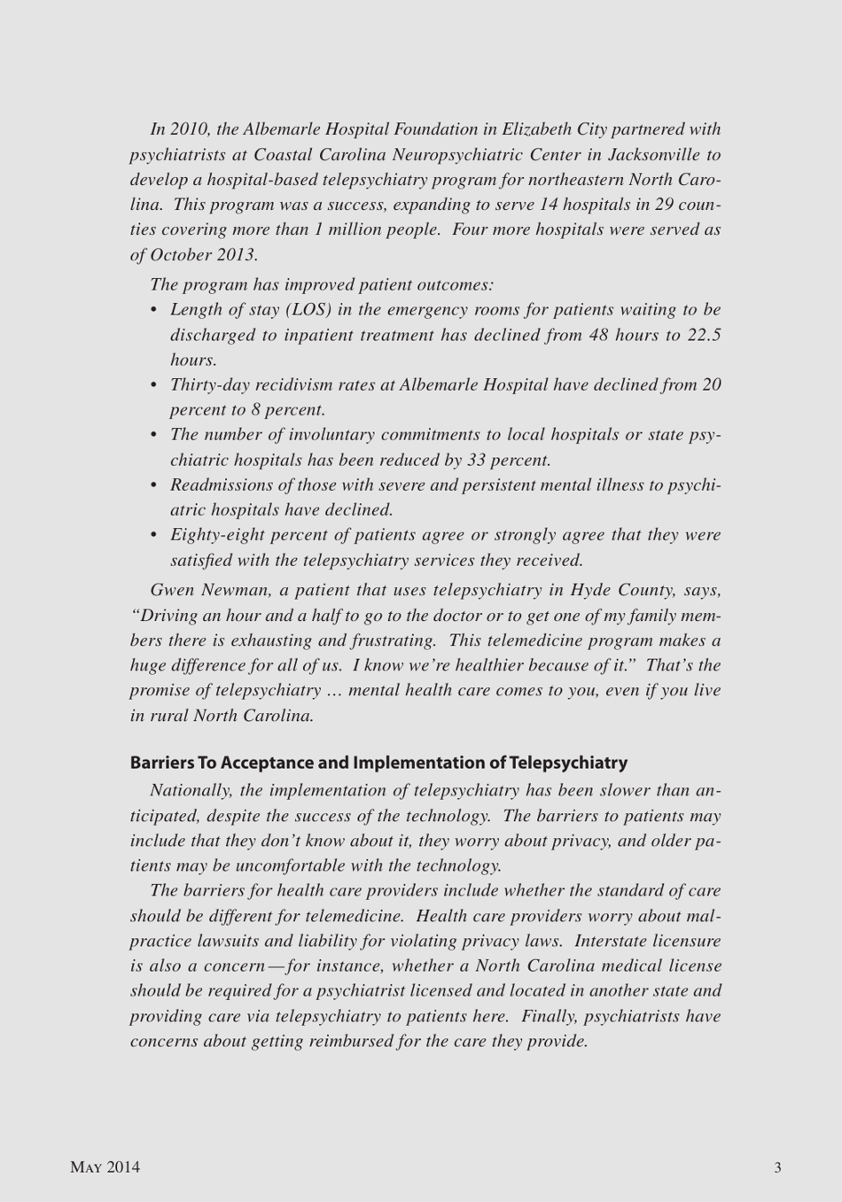 Telepsychiatry in North Carolina: Mental Health Care Comes to You, Page 3