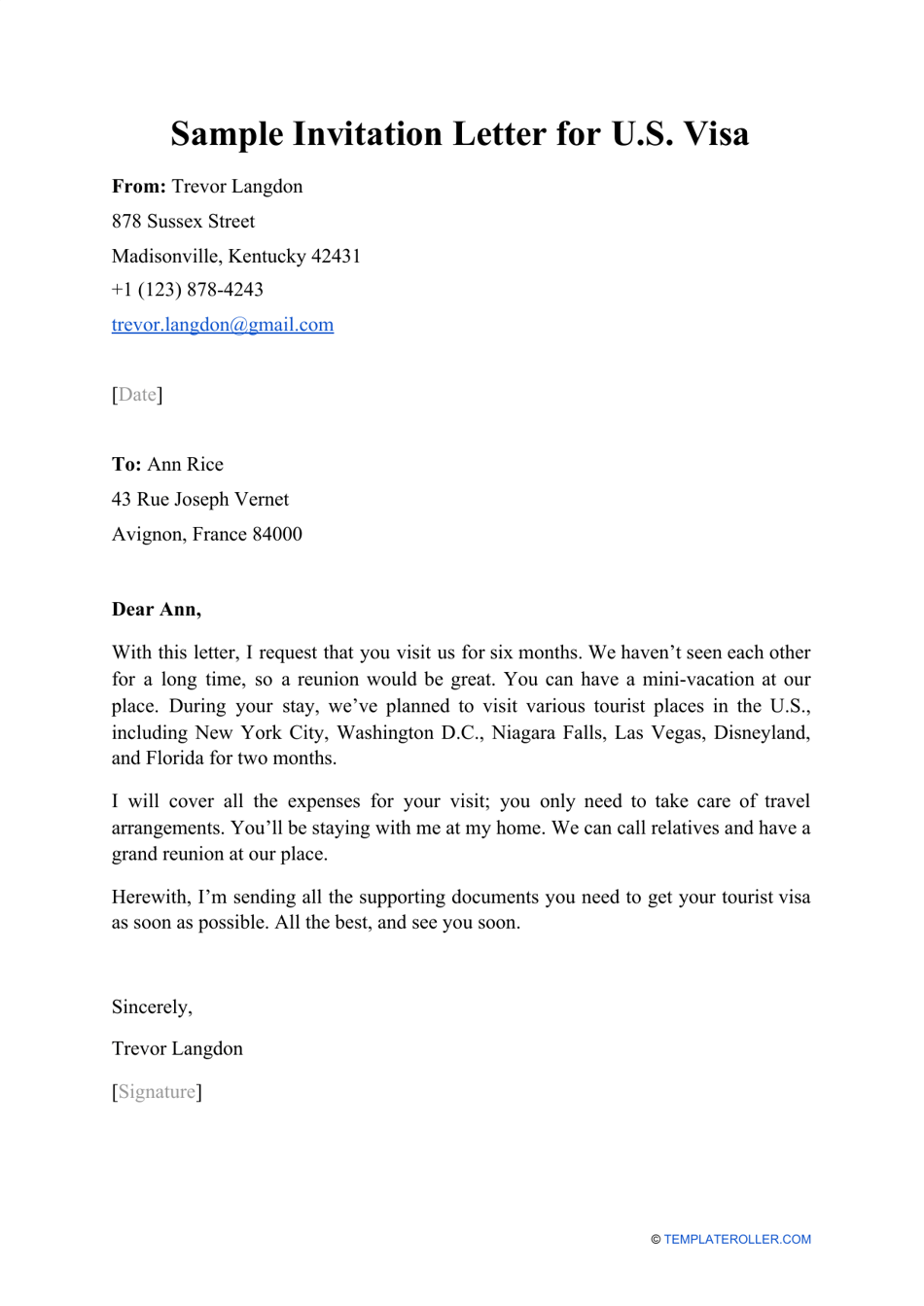 Sample Invitation Letter for U.S. Visa, Page 1