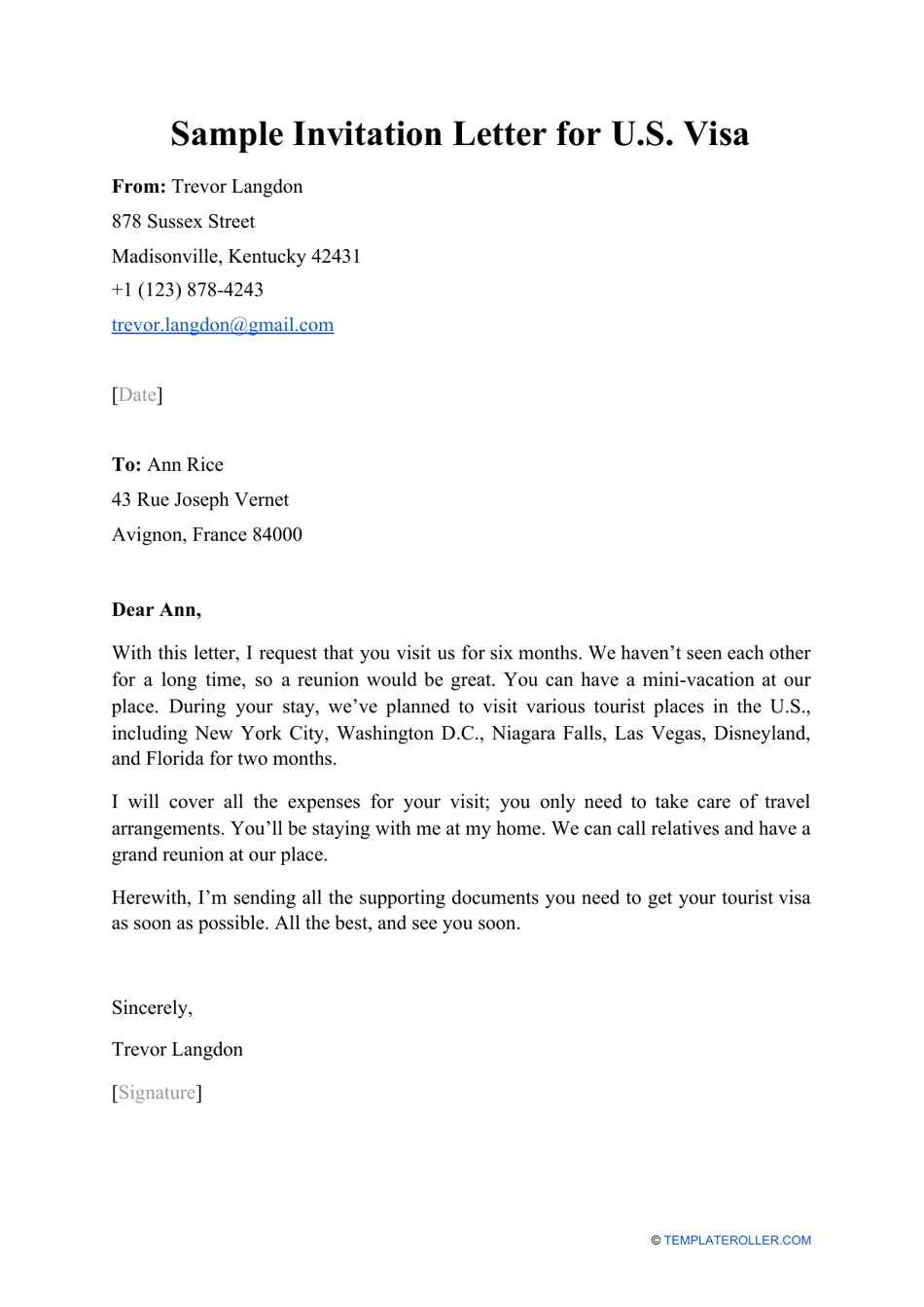 Sample Invitation Letter for U.S. Visa Download Printable PDF