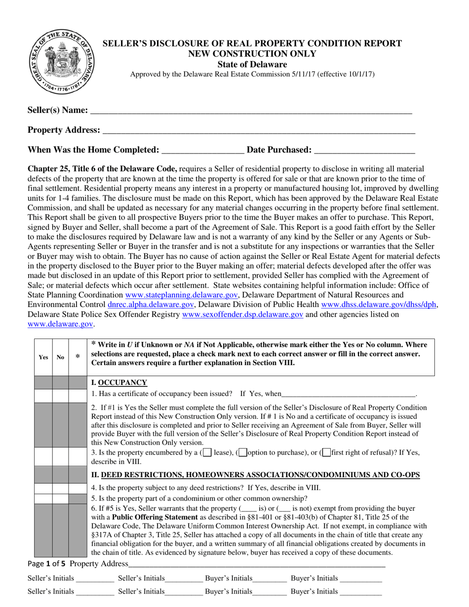 Sellers Disclosure of Real Property Condition Report - New Construction Only - Delaware, Page 1