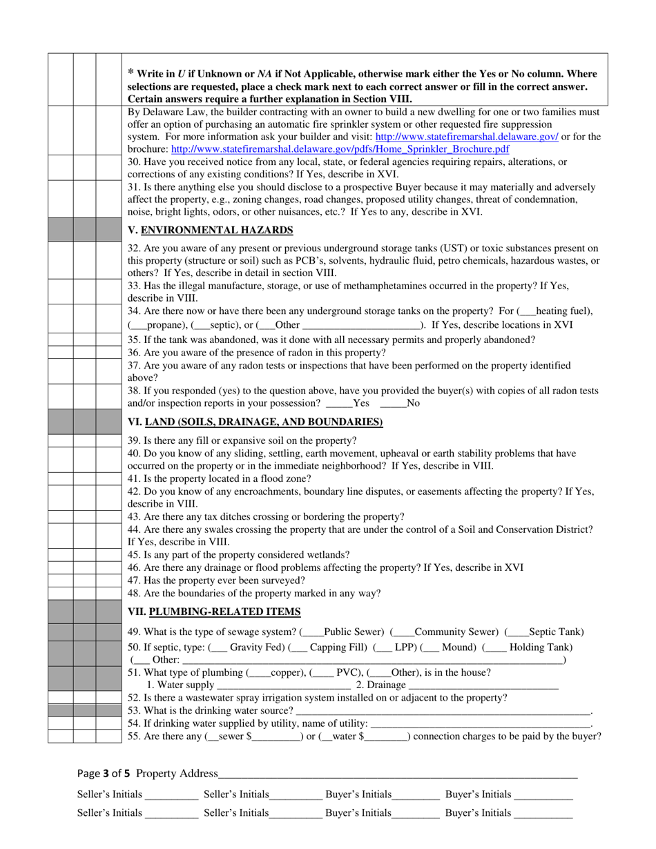 Sellers Disclosure of Real Property Condition Report - New Construction Only - Delaware, Page 3