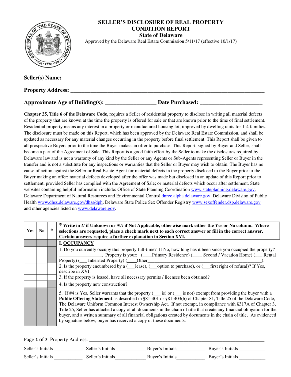 Sellers Disclosure of Real Property Condition Report - Delaware, Page 1