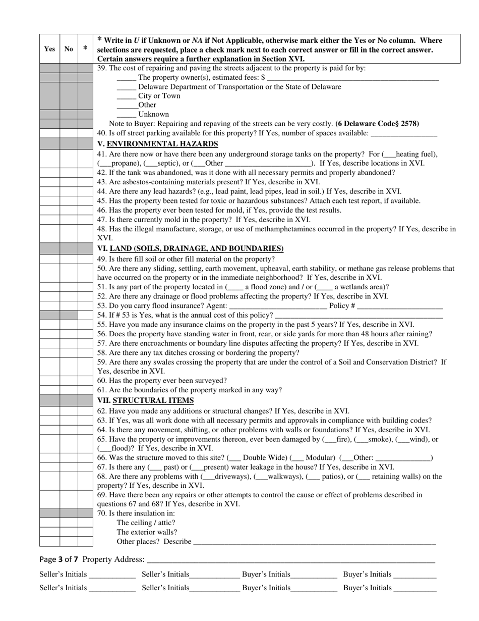 Sellers Disclosure of Real Property Condition Report - Delaware, Page 3