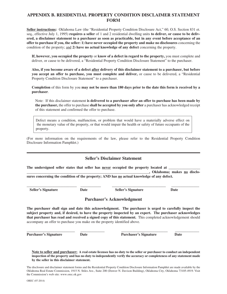 Appendix B Residential Property Condition Disclaimer Statement Form - Oklahoma, Page 1