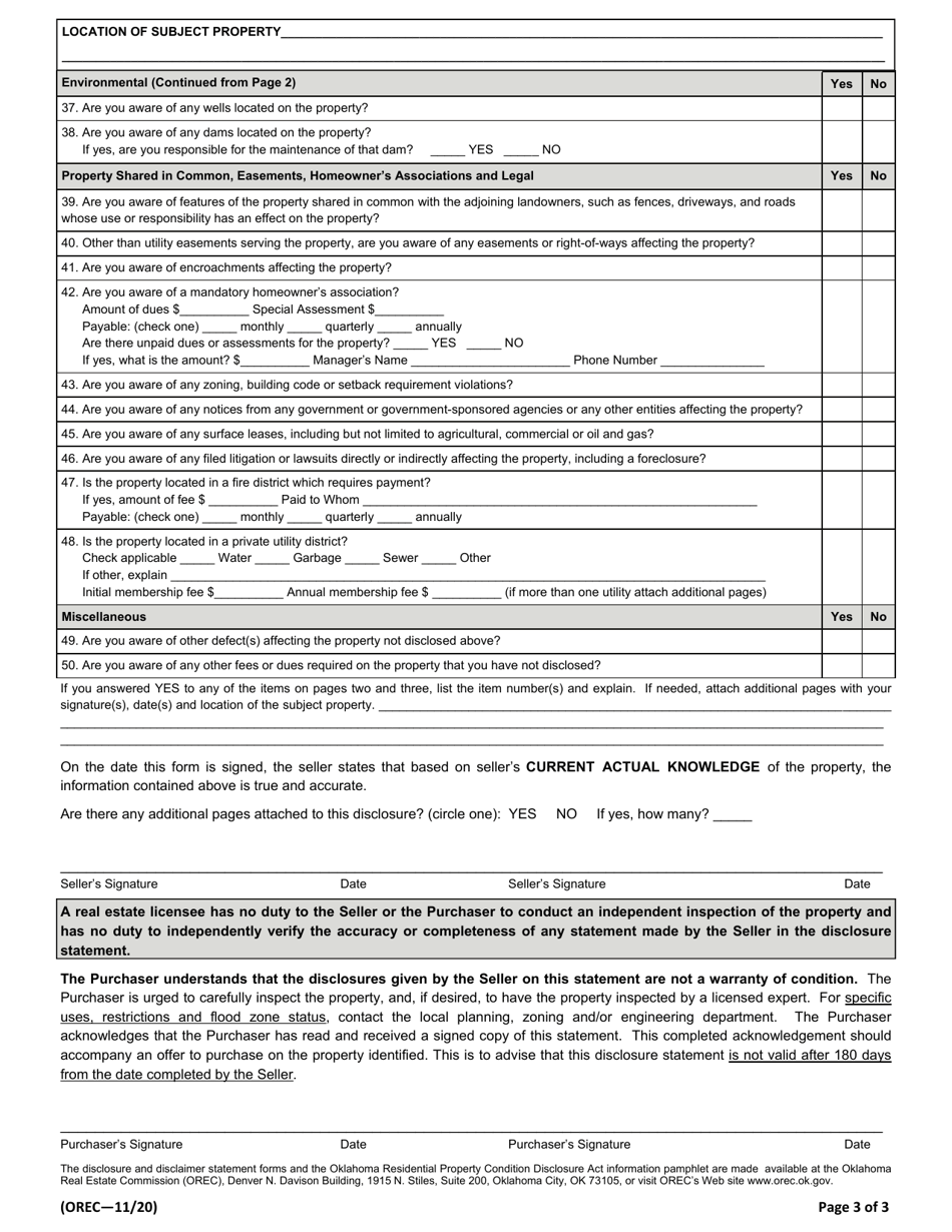 Appendix A Residential Property Condition Disclosure Statement - Oklahoma, Page 3