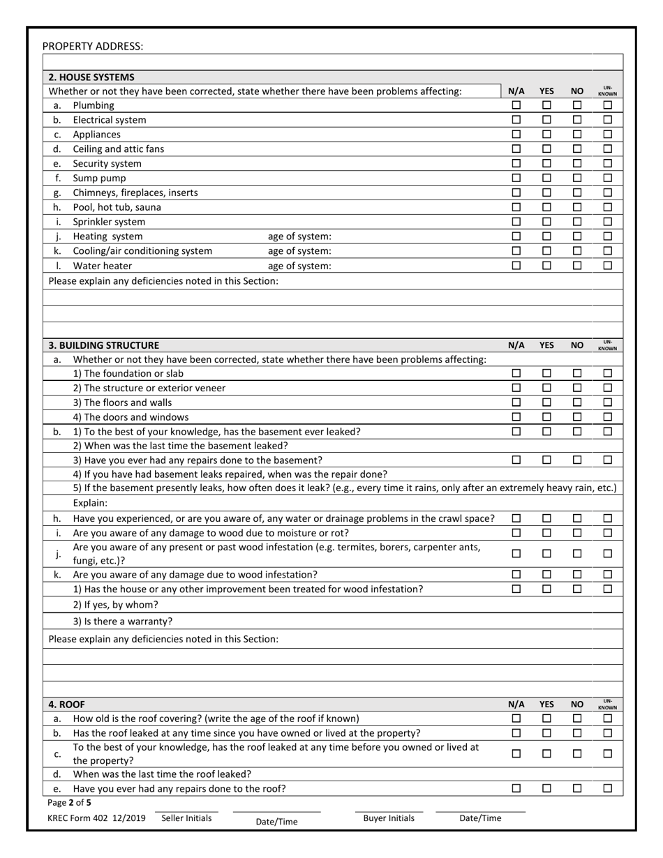 KREC Form 402 Sellers Disclosure of Property Condition - Kentucky, Page 2