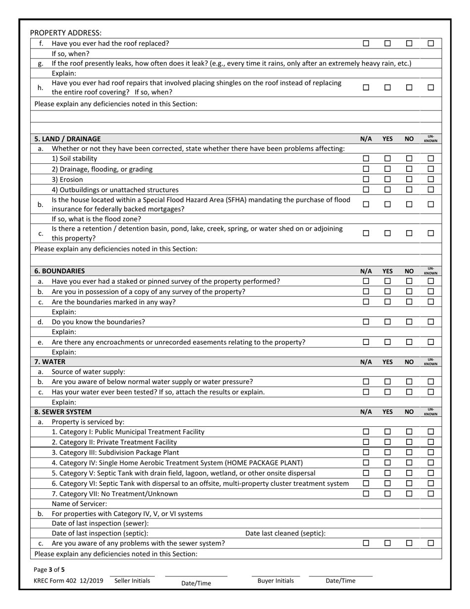 KREC Form 402 Sellers Disclosure of Property Condition - Kentucky, Page 3