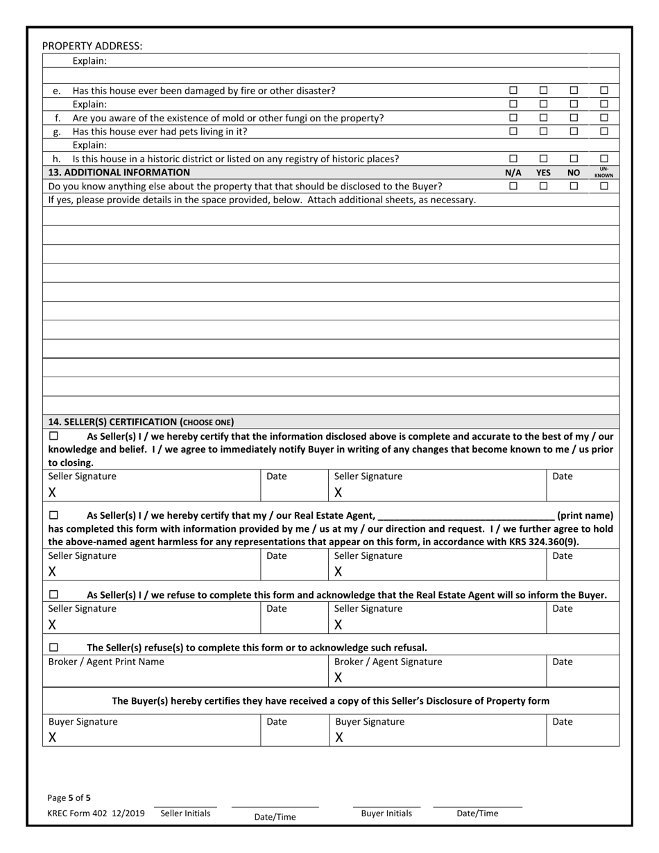 KREC Form 402 Sellers Disclosure of Property Condition - Kentucky, Page 5