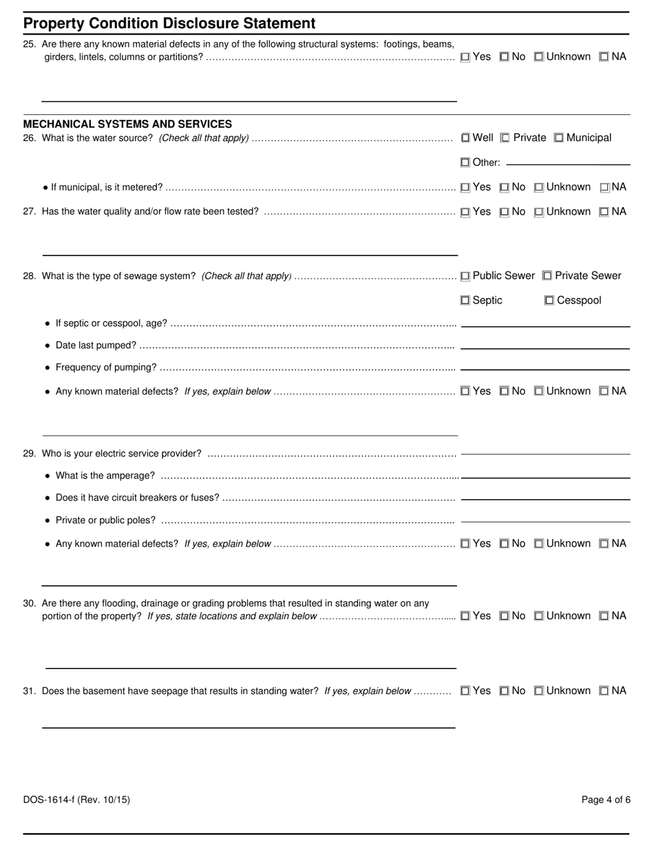 Form DOS-1614-F Property Condition Disclosure Statement - New York, Page 4