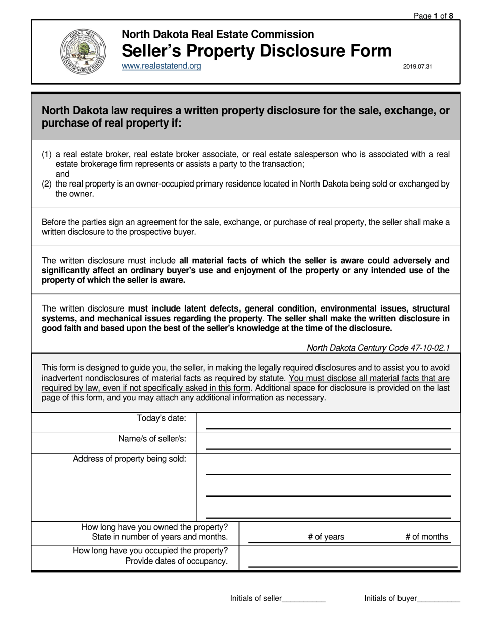 Sellers Property Disclosure Form - North Dakota, Page 1
