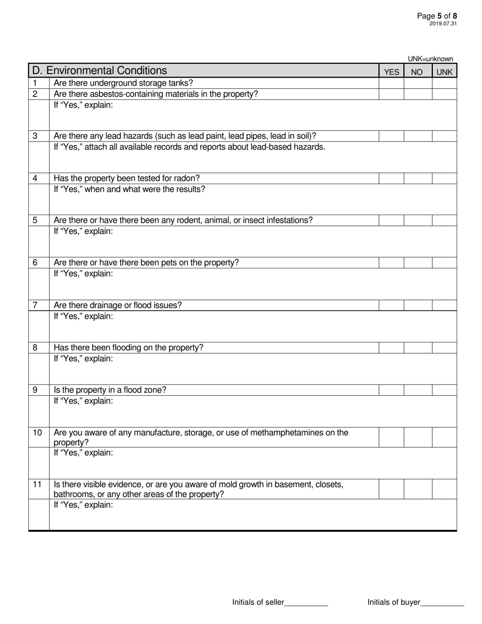 Sellers Property Disclosure Form - North Dakota, Page 5