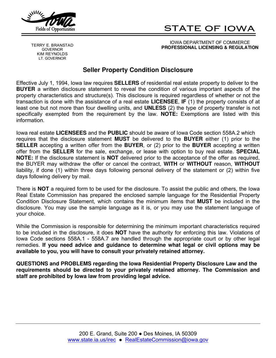 Iowa Residential Property Seller Disclosure Statement Fill Out, Sign